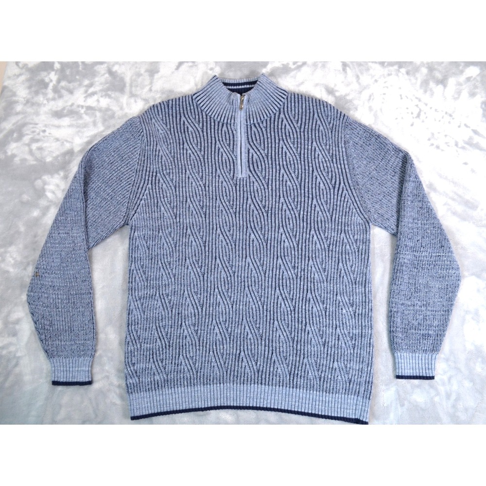 Tommy Bahama Blue 1/4 Zip Sweater Mens XL Swirly Cable Knit 100% Cotton
